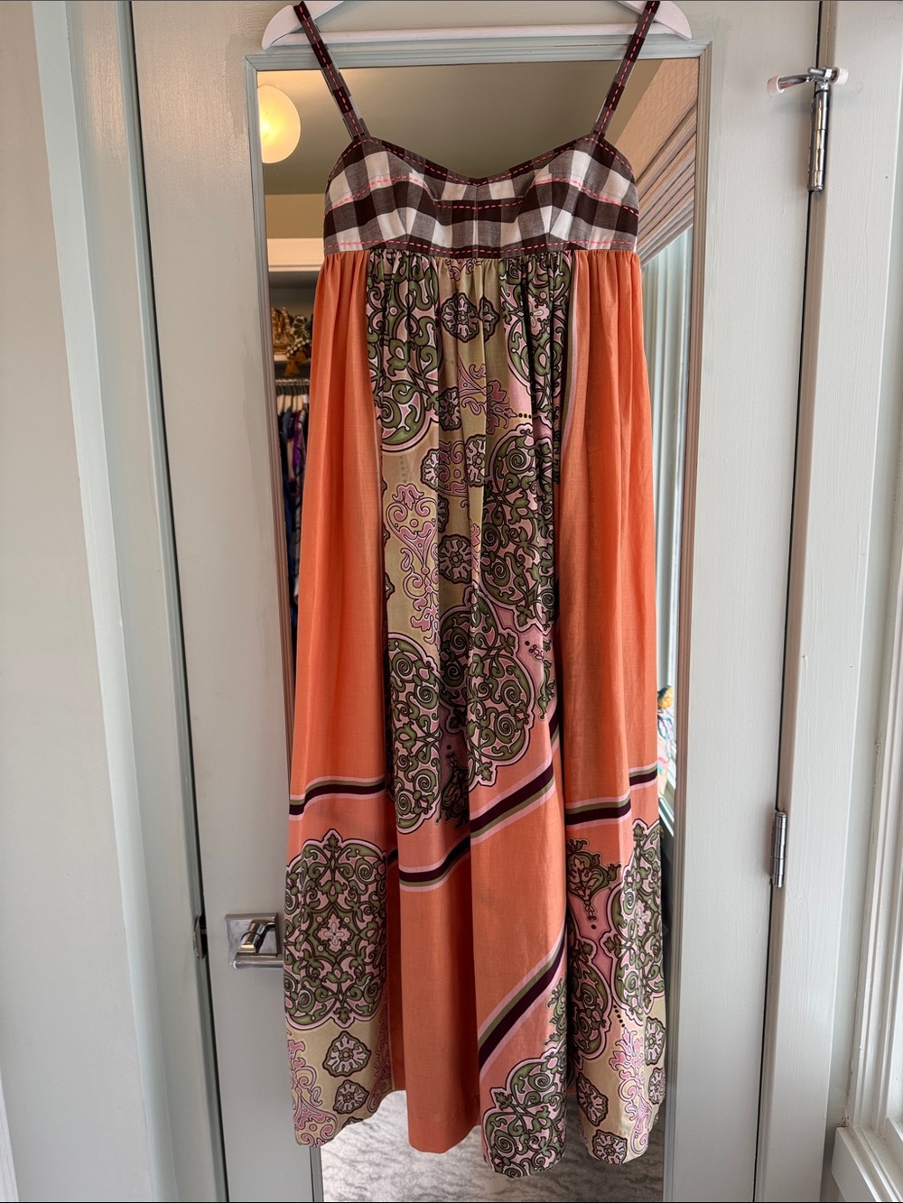 Tracey Feith Orange Pink Paisley Maxi Dress with Plaid Bodice Size XP